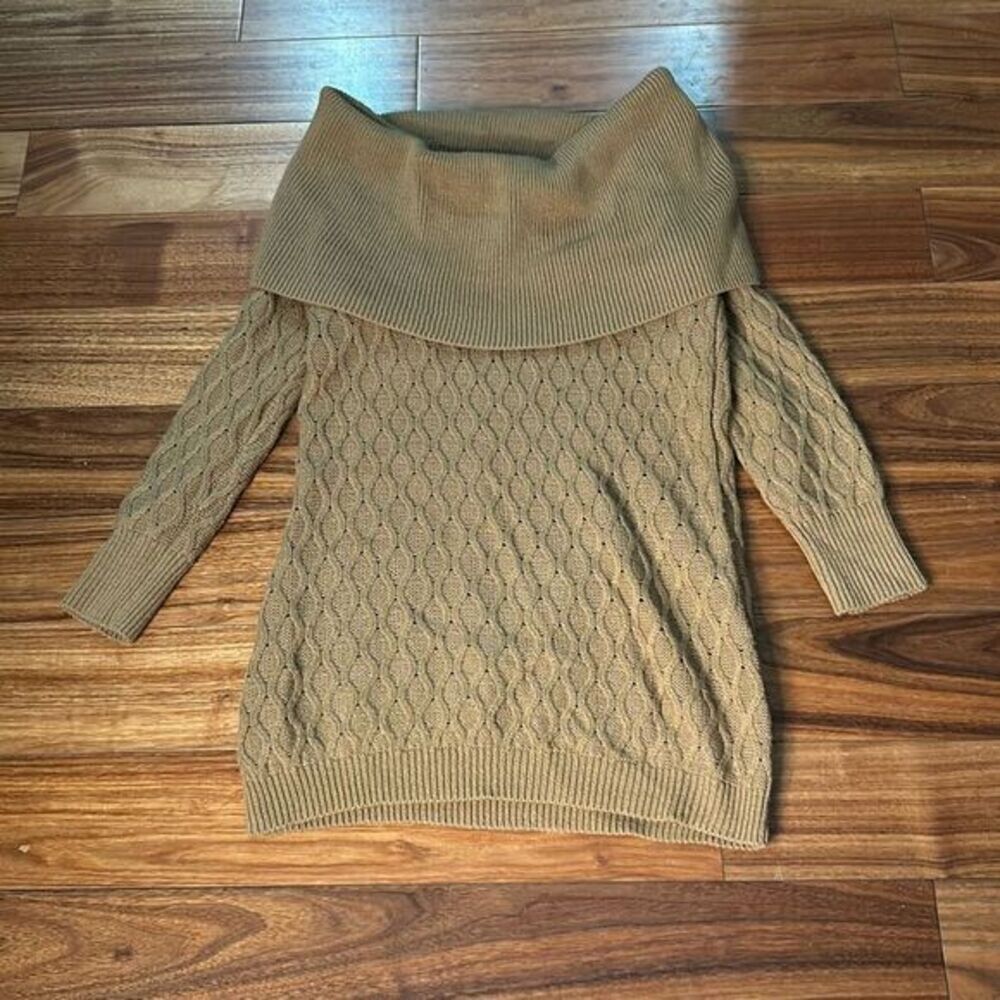 Jaclyn smith tan cold shoulder sweater Y2K long off the shoulder knit sweater